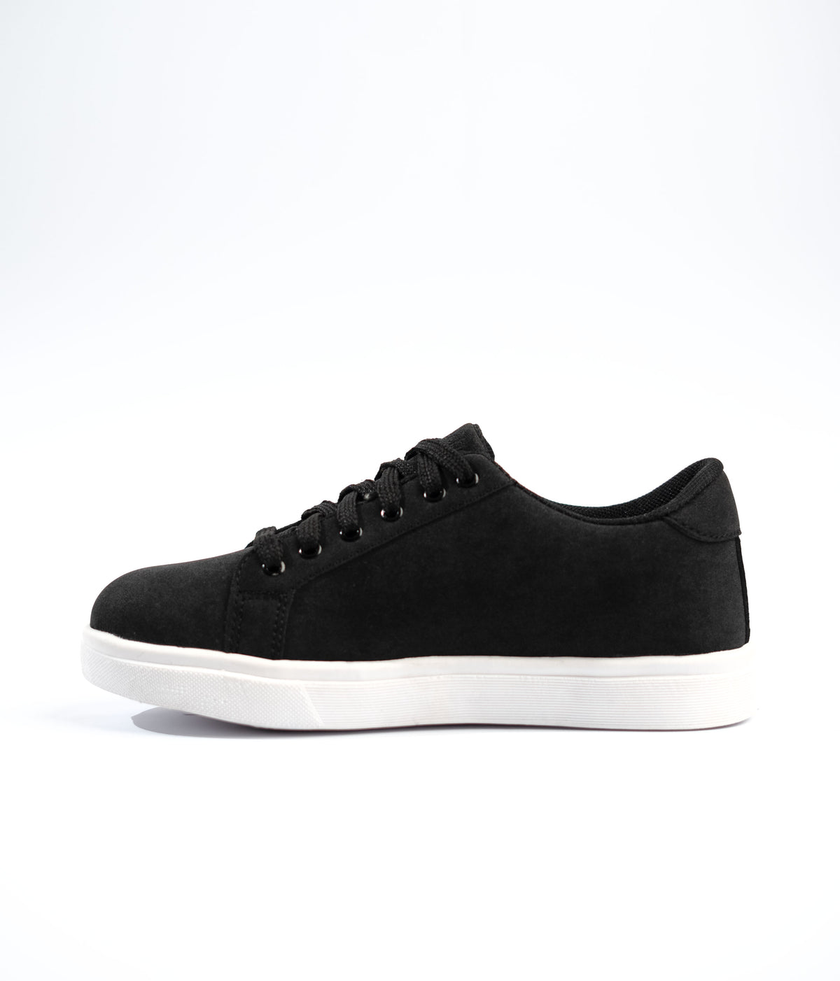 Black sneaker with white sole on a white background
