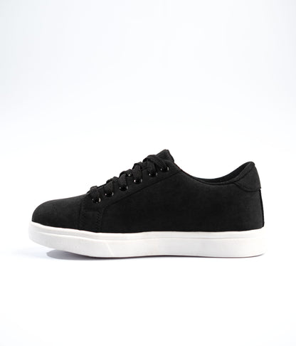 Black sneaker with white sole on a white background