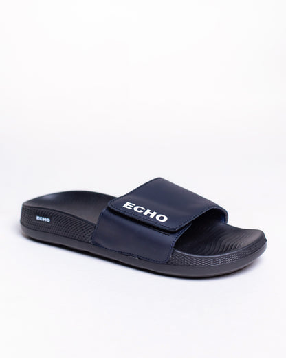 Navy blue slide sandal with 'ECHO' branding on a white background