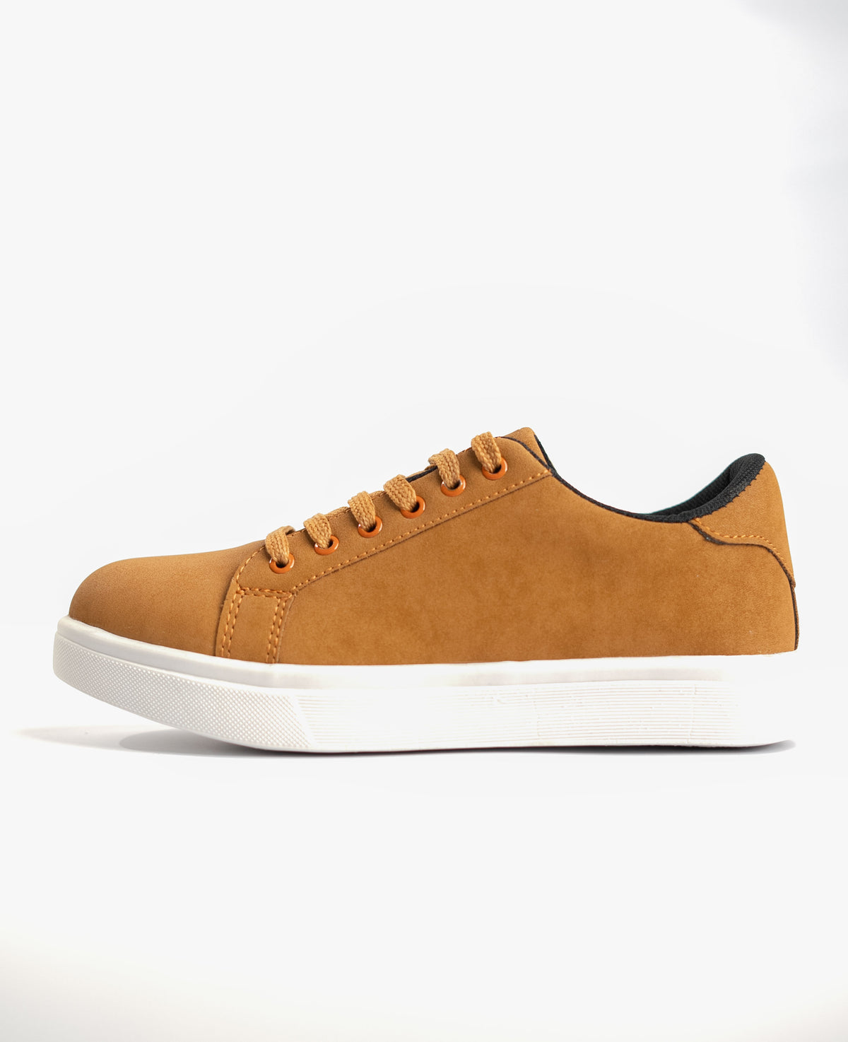 Brown sneaker with white sole on a light gray background