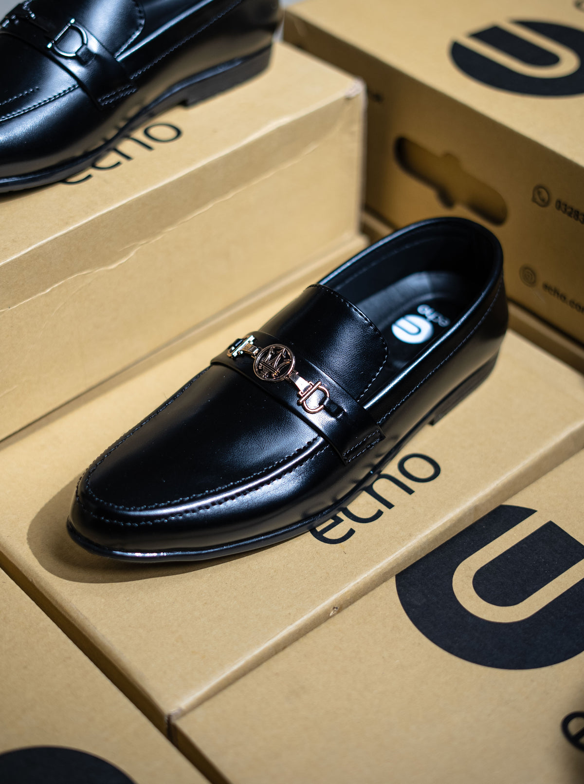 Black loafers on a cardboard box with 'Echo' branding