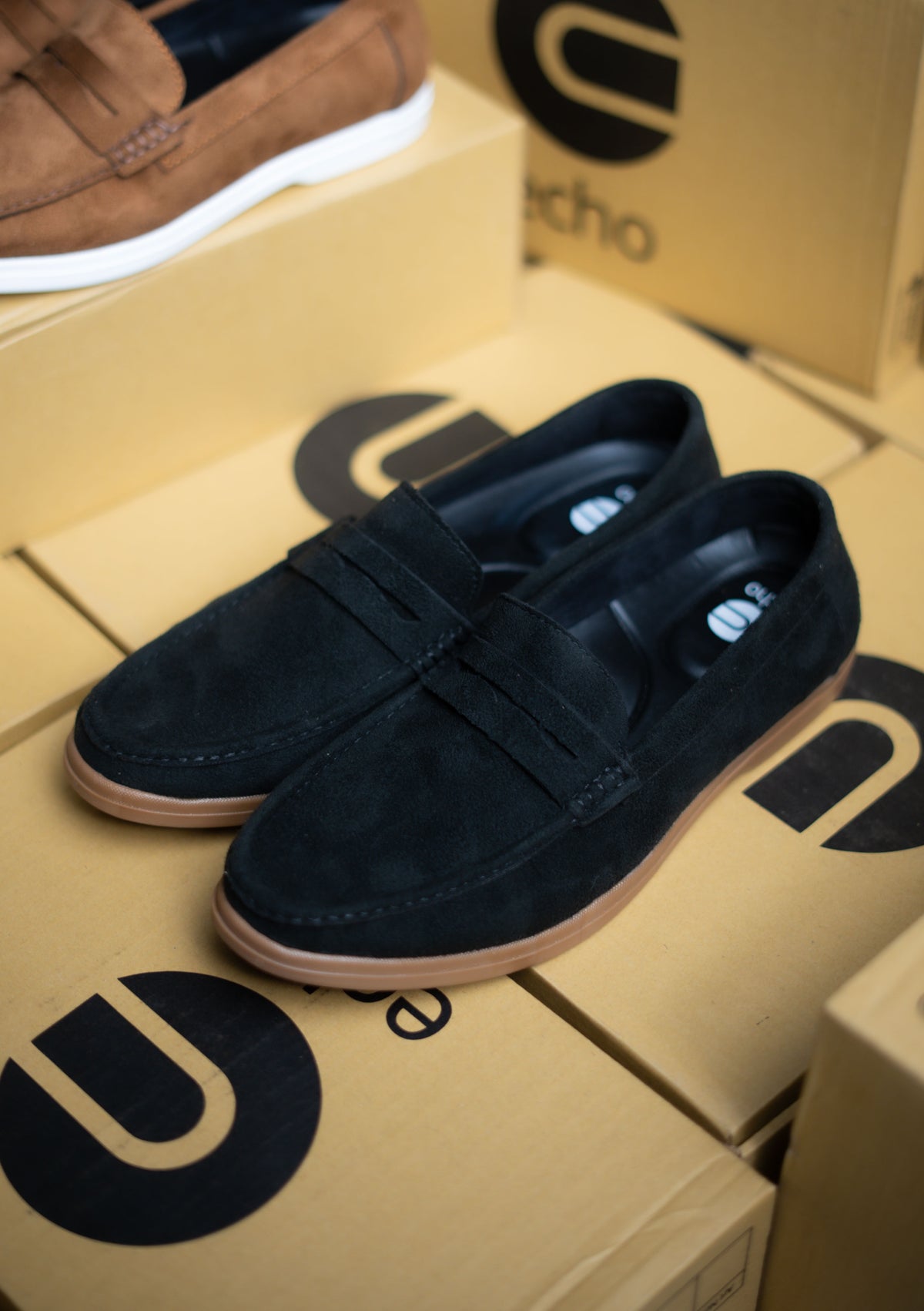 Black loafers on a box with 'ECHO' logo