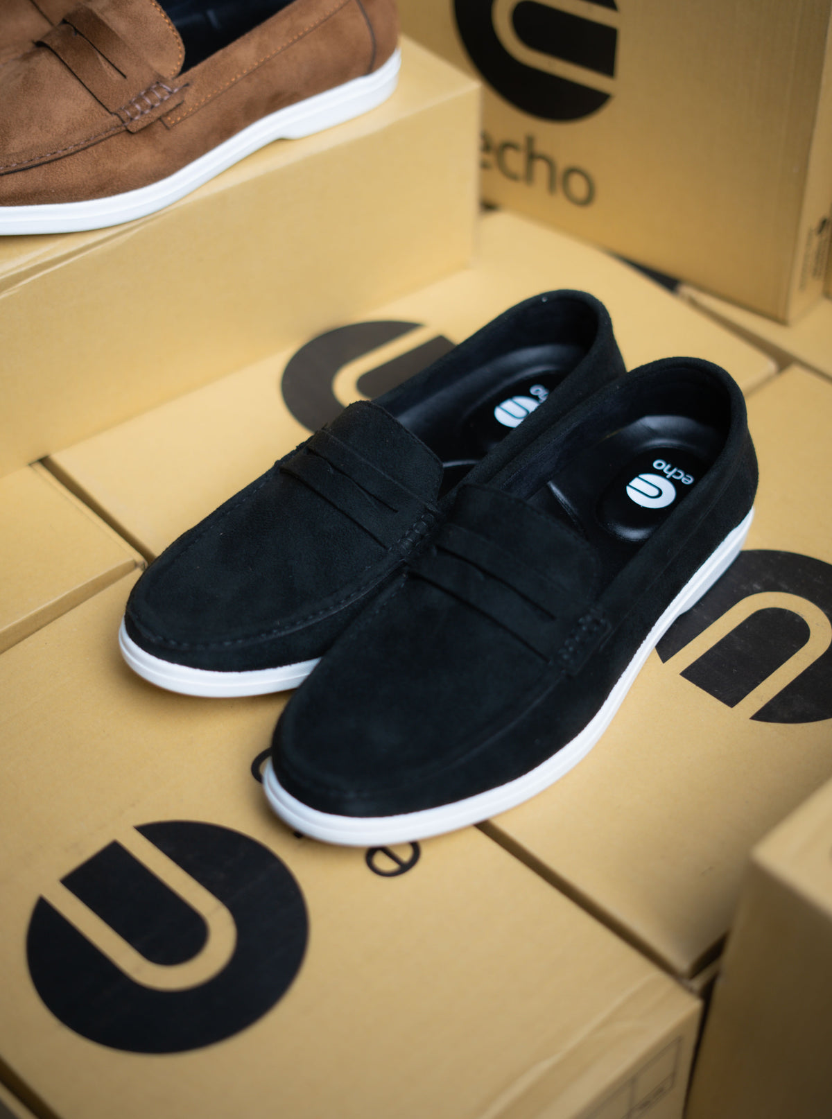 Black loafers on a cardboard box with 'echo' branding