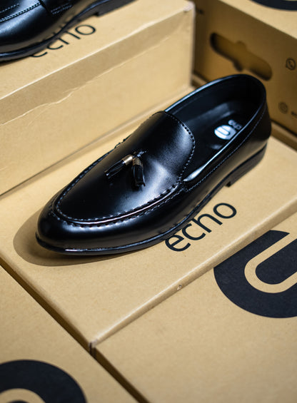 Black loafer shoe on a cardboard box with 'echo' branding.