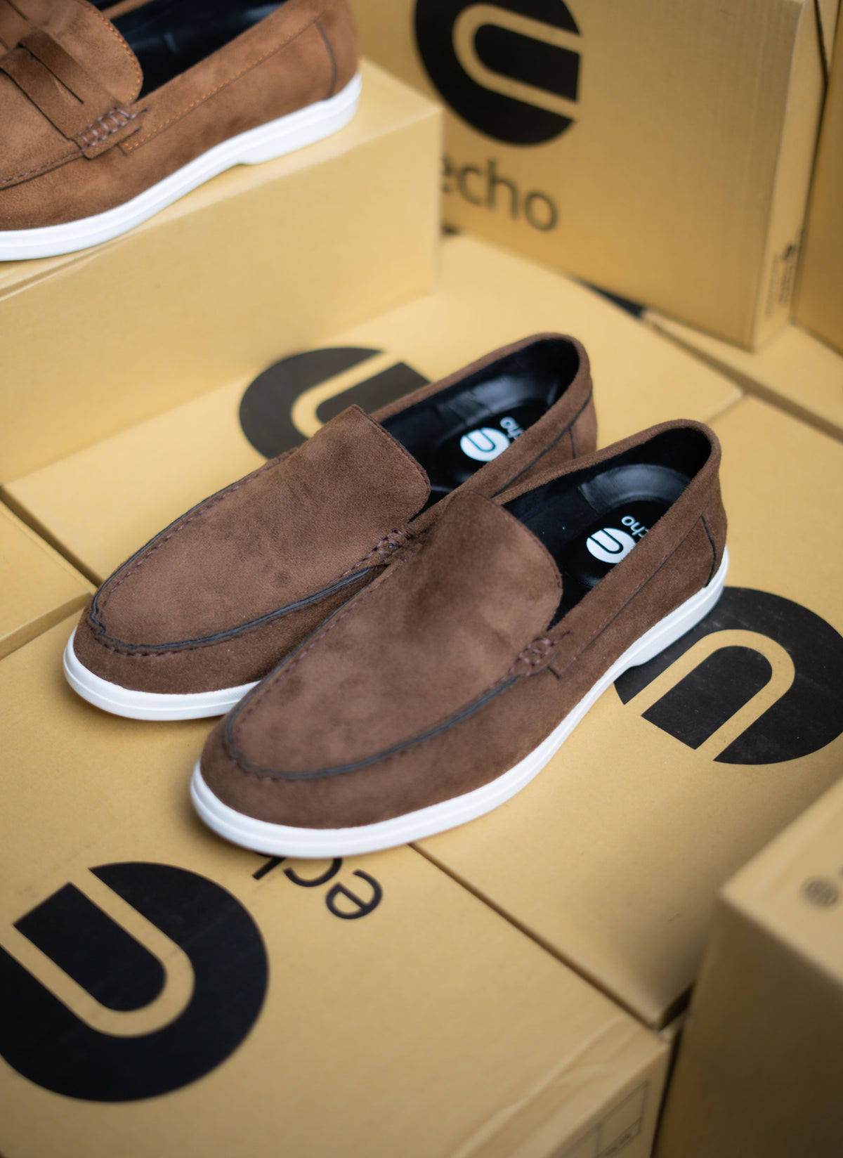 Brown loafers on a echo branded box
