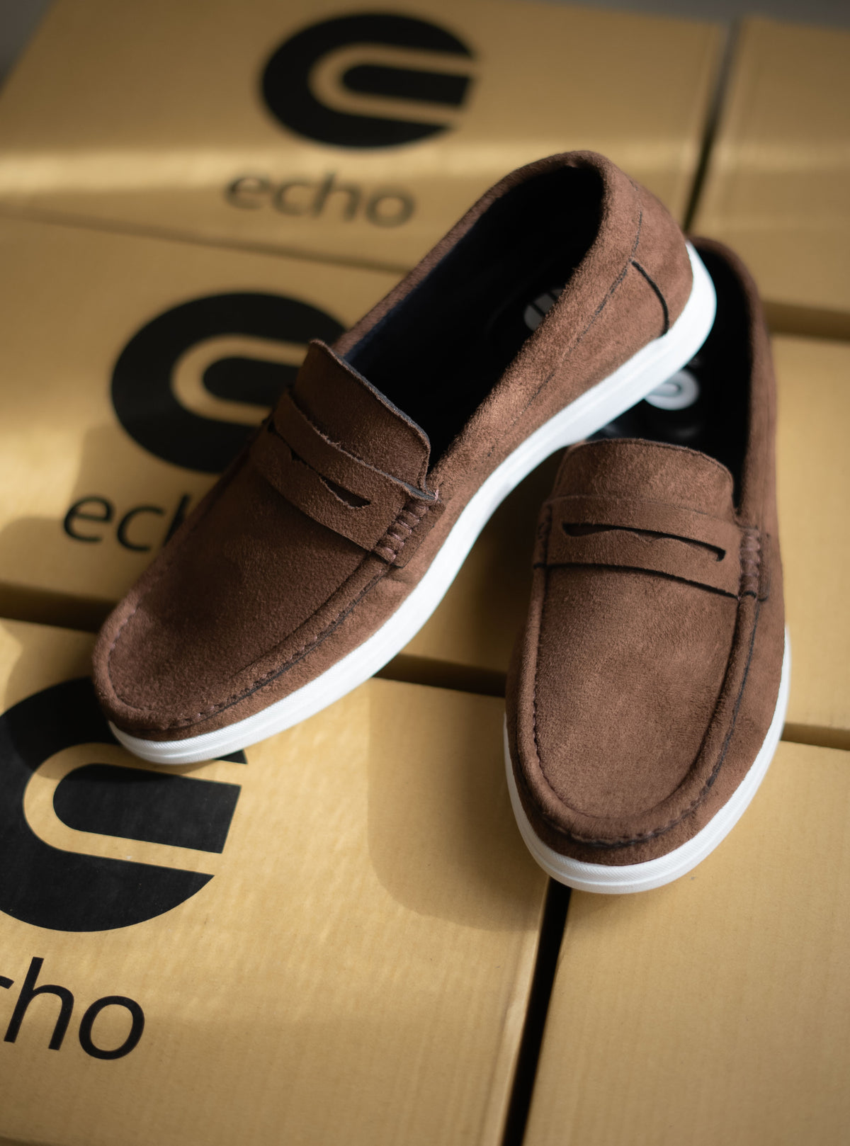 Brown loafers on a cardboard box with 'echo' branding