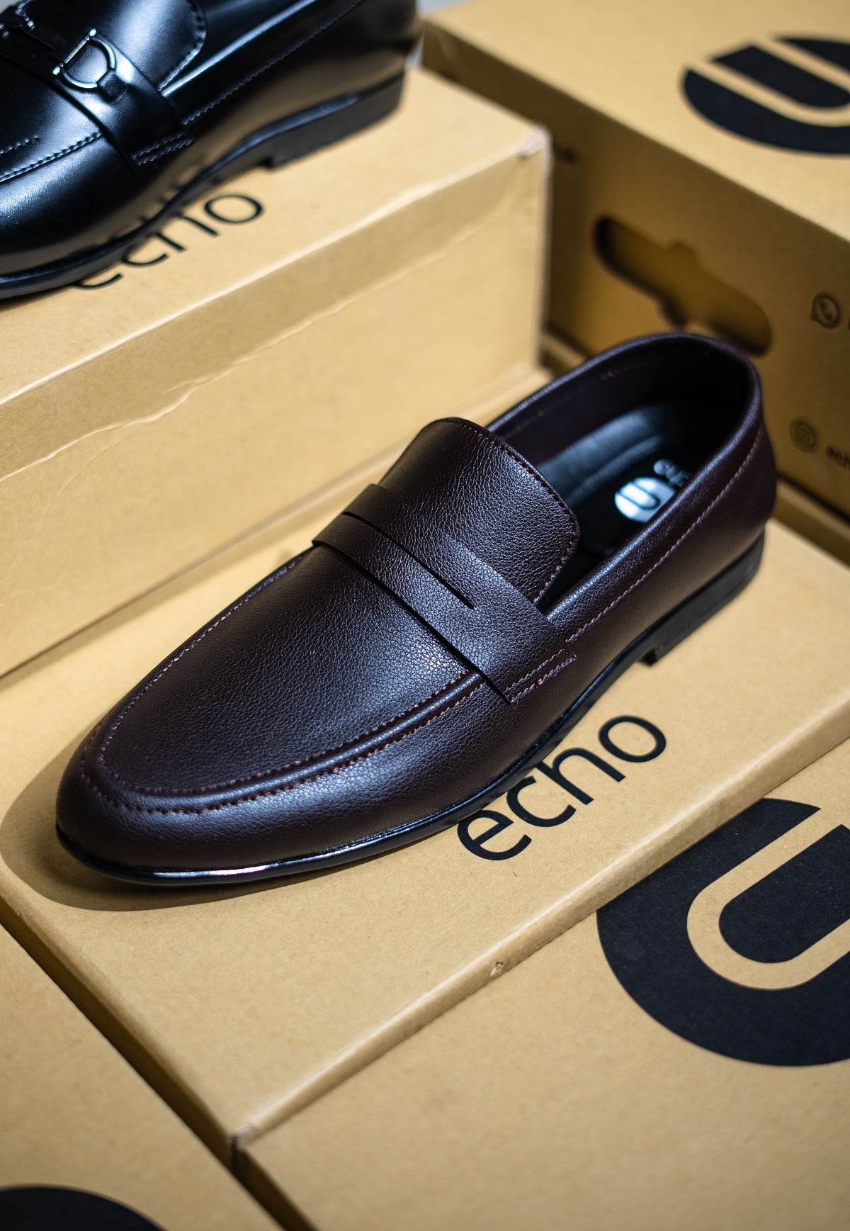 Black leather loafer shoe on a cardboard box with 'echo' branding.