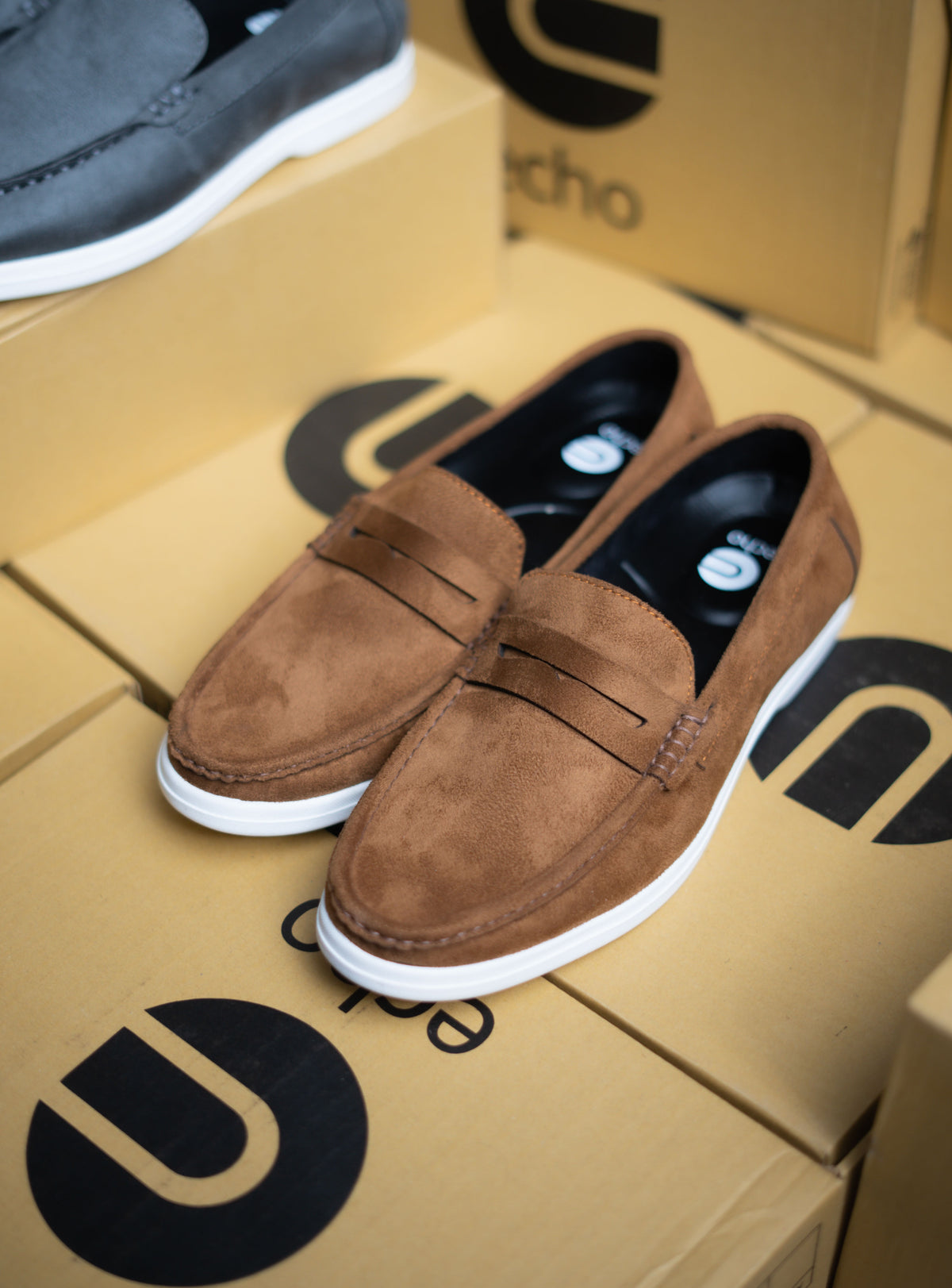 Brown loafers on a cardboard box with 'echo' branding